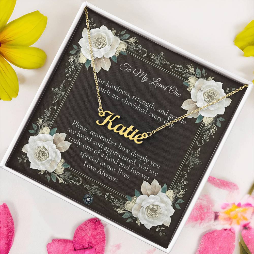 Horizontal Name Necklace: Angel Jewelry 18k Yellow Gold Mahogany Style Luxury Box with LED The Silver Clover & Co.