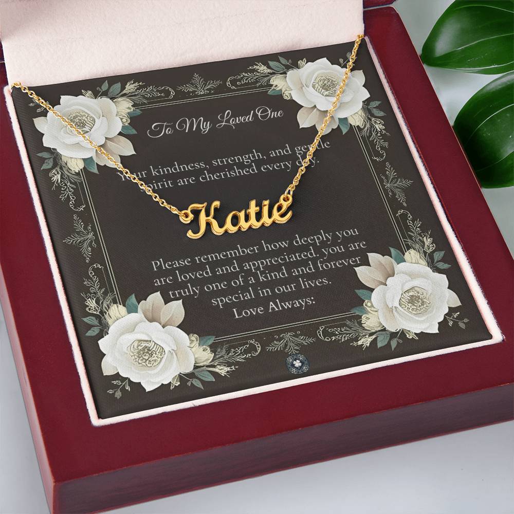 Horizontal Name Necklace: Angel Jewelry 18k Yellow Gold Mahogany Style Luxury Box with LED The Silver Clover & Co.