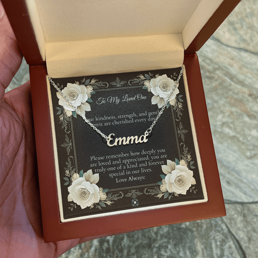 Horizontal Name Necklace: Angel Jewelry Polished Stainless Steel Mahogany Style Luxury Box with LED The Silver Clover & Co.