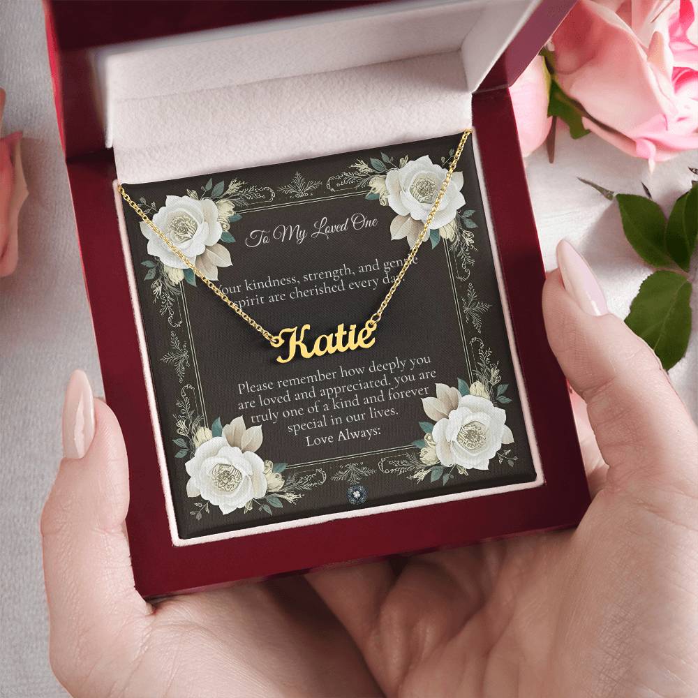 Horizontal Name Necklace: Angel Jewelry Polished Stainless Steel Mahogany Style Luxury Box with LED The Silver Clover & Co.