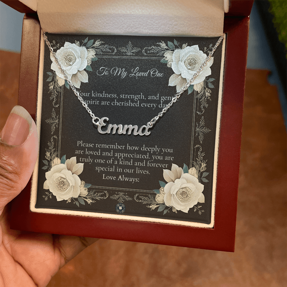 Horizontal Name Necklace: Angel Jewelry Polished Stainless Steel Mahogany Style Luxury Box with LED The Silver Clover & Co.