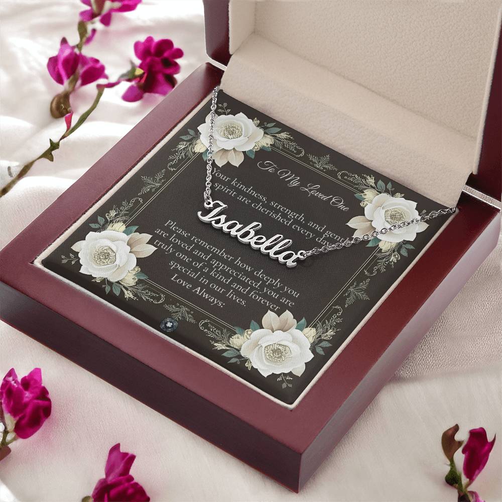 Horizontal Name Necklace: Angel Jewelry Polished Stainless Steel Mahogany Style Luxury Box with LED The Silver Clover & Co.