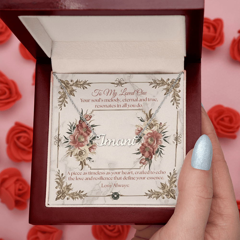 Horizontal Name Necklace: Beautiful Jewelry Polished Stainless Steel Mahogany Style Luxury Box with LED The Silver Clover & Co.