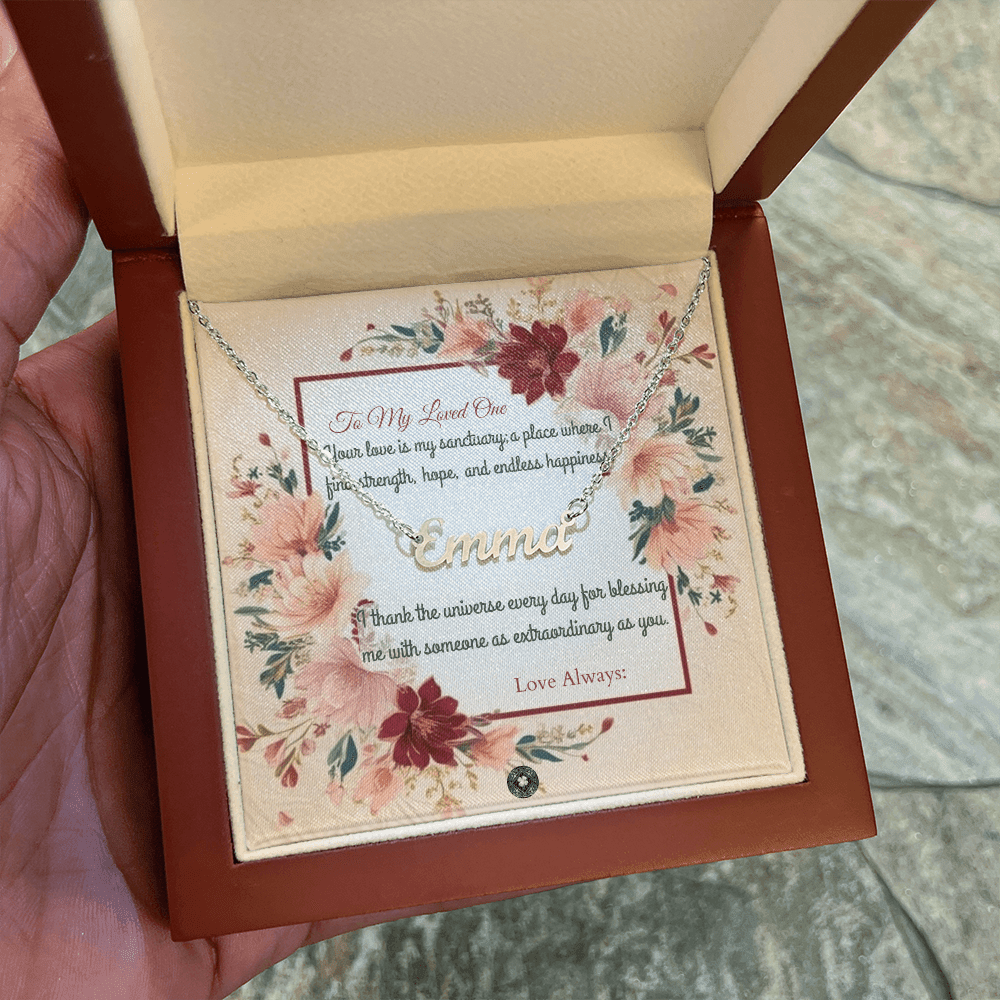 Horizontal Name Necklace: Darling Jewelry 18k Yellow Gold Mahogany Style Luxury Box with LED The Silver Clover & Co.