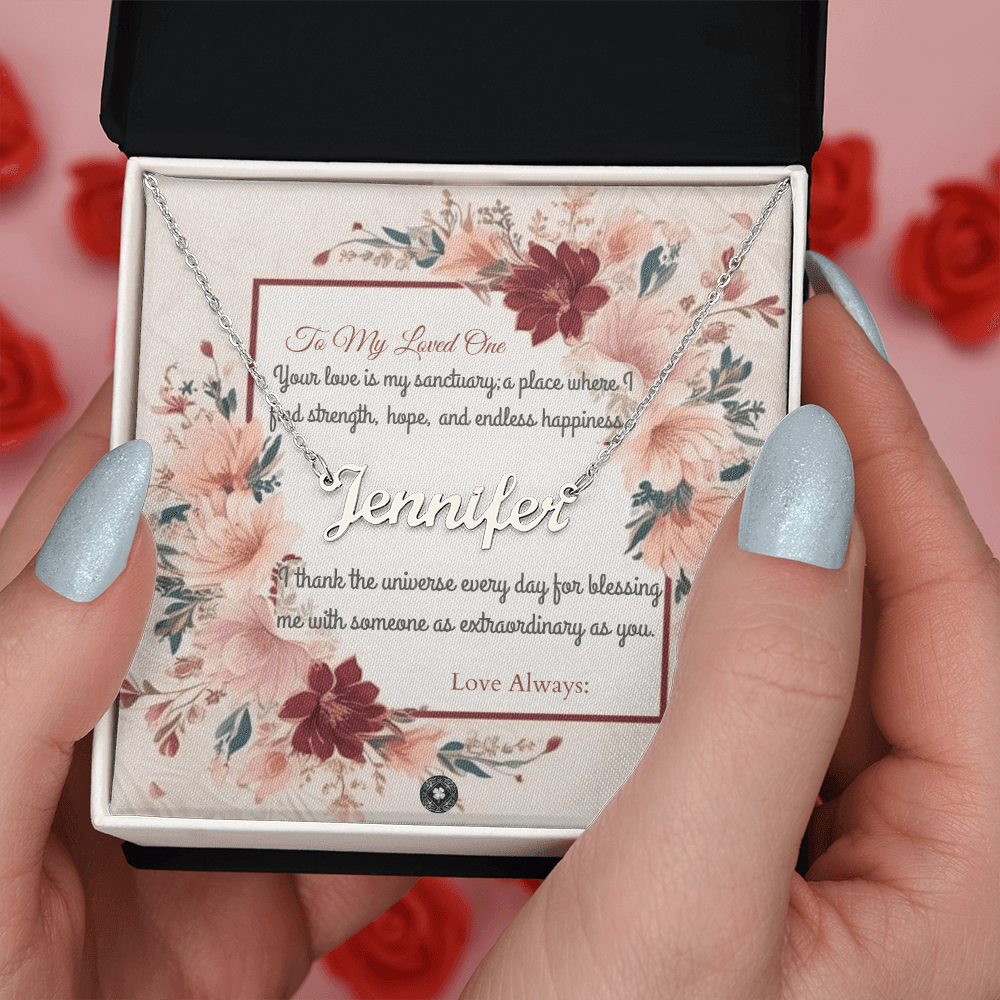 Horizontal Name Necklace: Darling Jewelry 18k Yellow Gold Mahogany Style Luxury Box with LED The Silver Clover & Co.