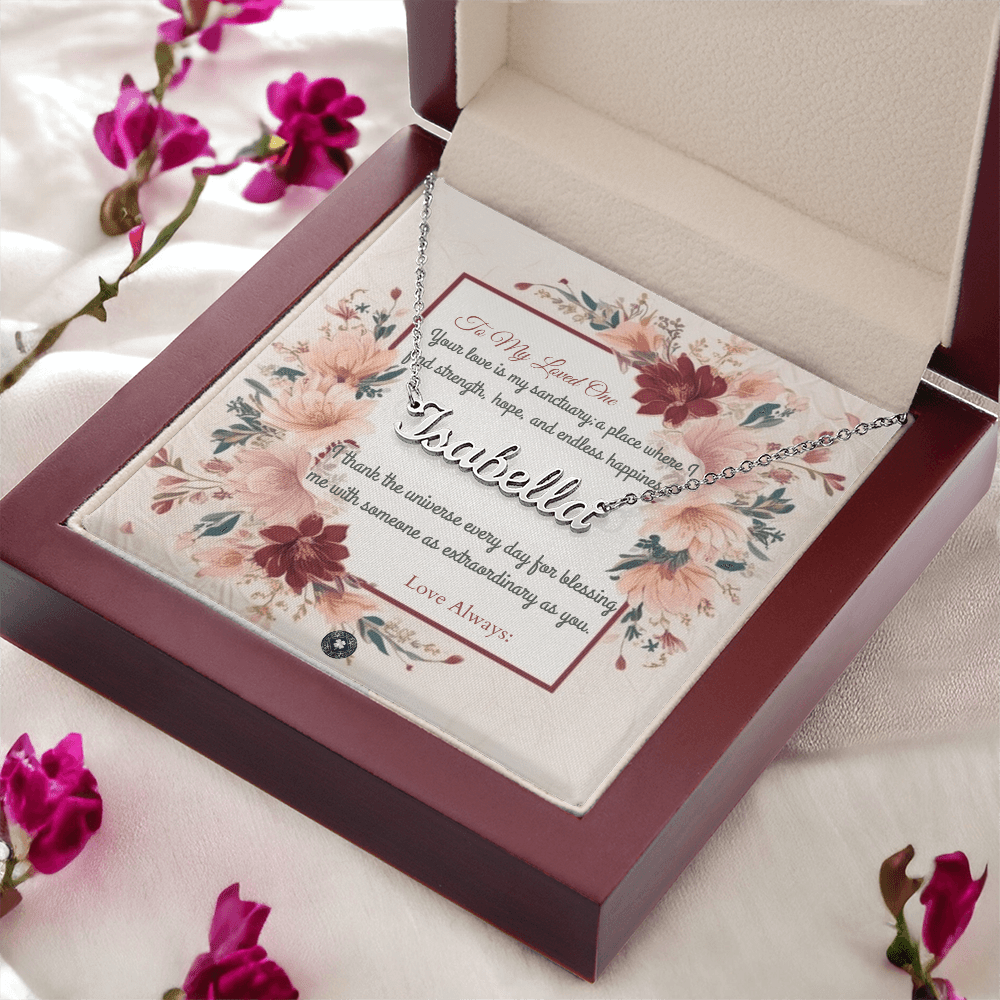 Horizontal Name Necklace: Darling Jewelry Polished Stainless Steel Mahogany Style Luxury Box with LED The Silver Clover & Co.