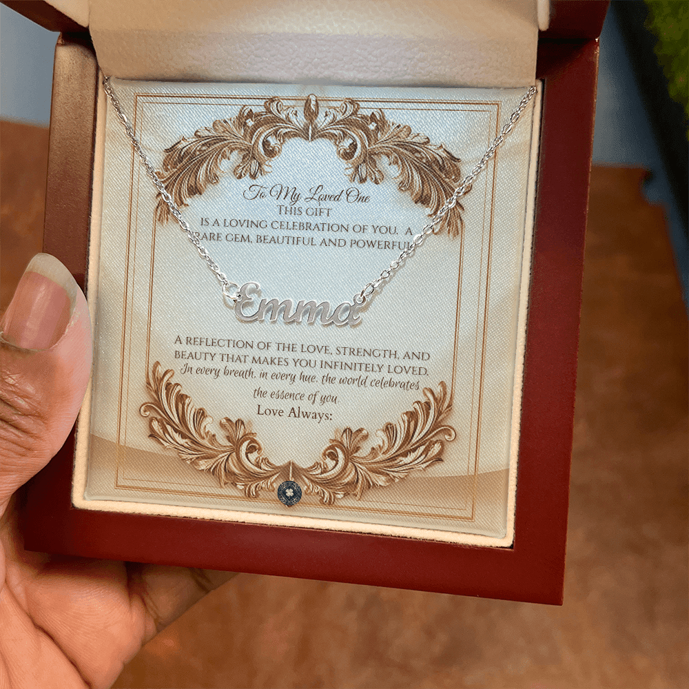 Horizontal Name Necklace: Elegance Jewelry 18k Yellow Gold Mahogany Style Luxury Box with LED The Silver Clover & Co.