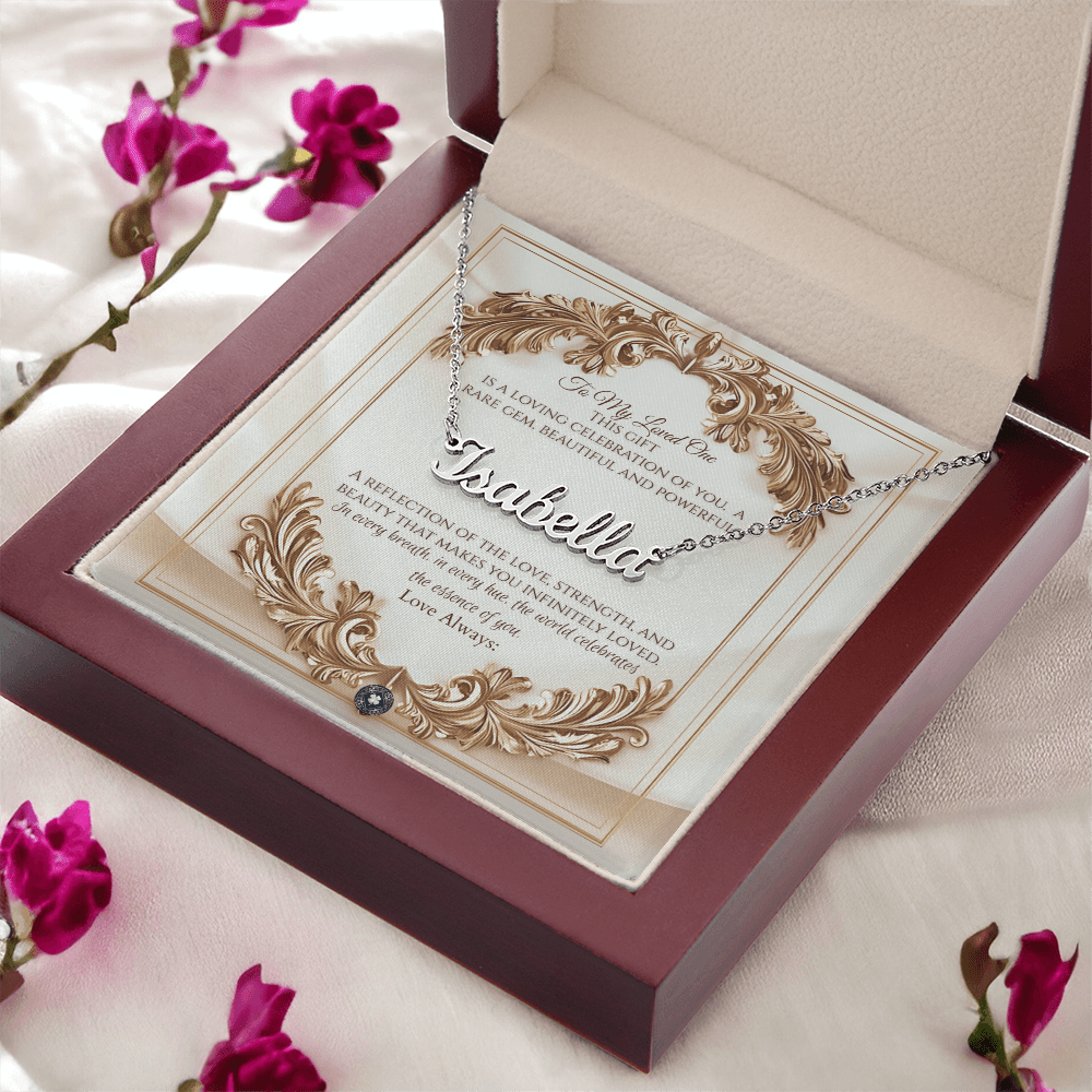 Horizontal Name Necklace: Elegance Jewelry Polished Stainless Steel Mahogany Style Luxury Box with LED The Silver Clover & Co.