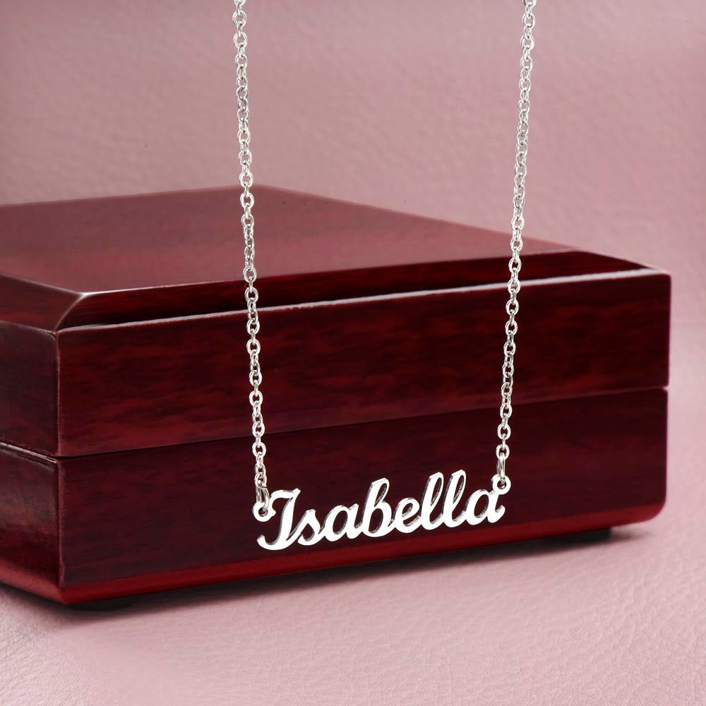 Horizontal Name Necklace Jewelry Polished Stainless Steel Mahogany Style Luxury Box with LED The Silver Clover & Co.
