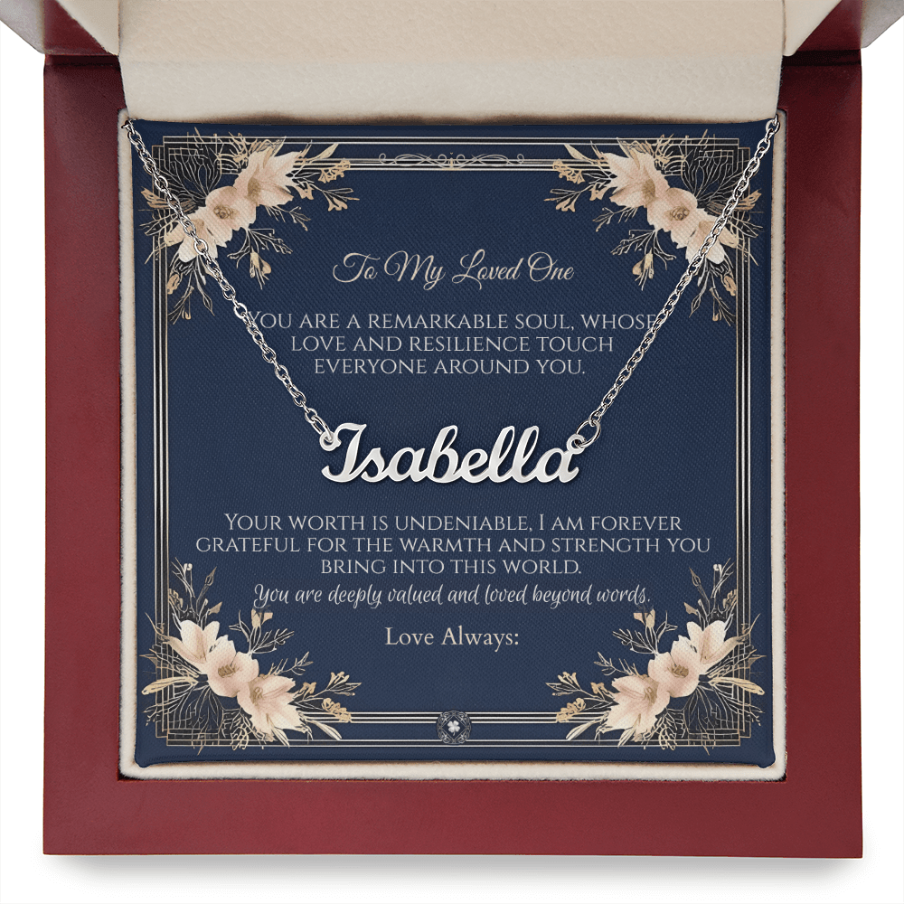 Horizontal Name Necklace: Princess Jewelry Polished Stainless Steel Mahogany Style Luxury Box with LED The Silver Clover & Co.