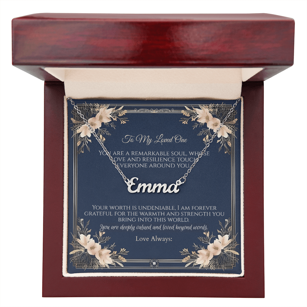 Horizontal Name Necklace: Princess Jewelry Polished Stainless Steel Mahogany Style Luxury Box with LED The Silver Clover & Co.