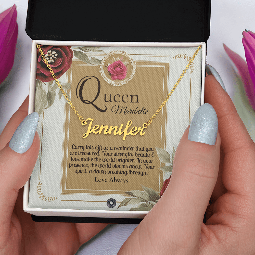 Horizontal Name Necklace: Queen Jewelry 18k Yellow Gold Two Tone Box The Silver Clover & Co.