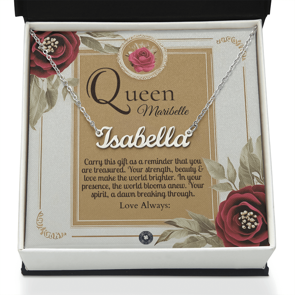 Horizontal Name Necklace: Queen Jewelry 18k Yellow Gold Two Tone Box The Silver Clover & Co.