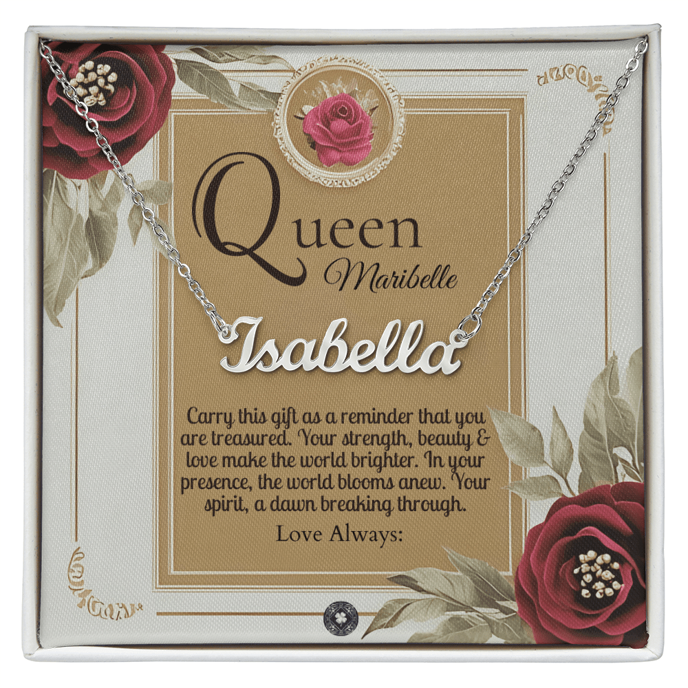 Horizontal Name Necklace: Queen Jewelry 18k Yellow Gold Two Tone Box The Silver Clover & Co.