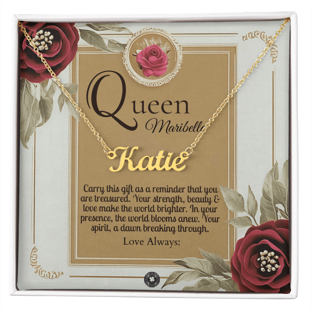 Horizontal Name Necklace: Queen Jewelry 18k Yellow Gold Two Tone Box The Silver Clover & Co.