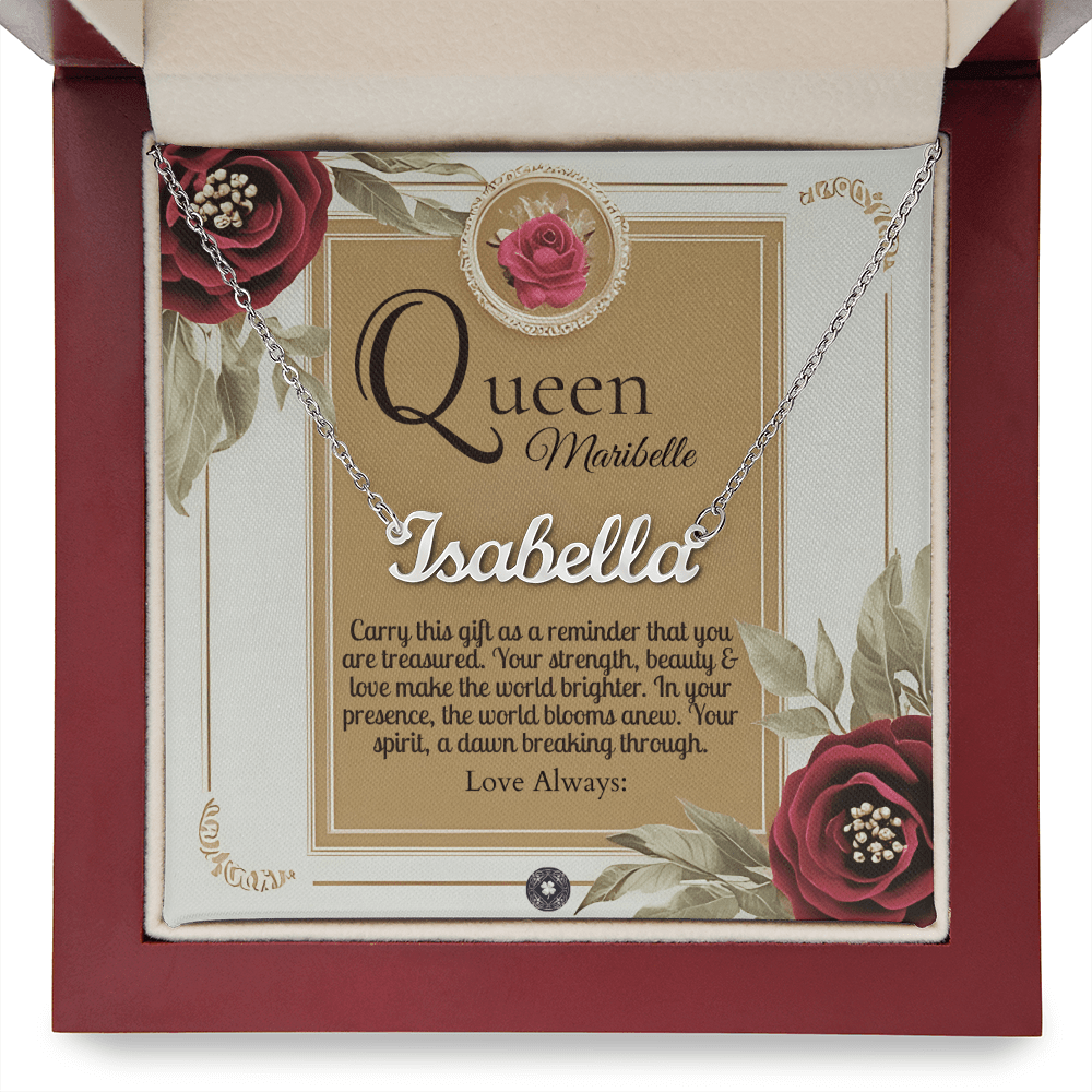 Horizontal Name Necklace: Queen Jewelry 18k Yellow Gold Two Tone Box The Silver Clover & Co.