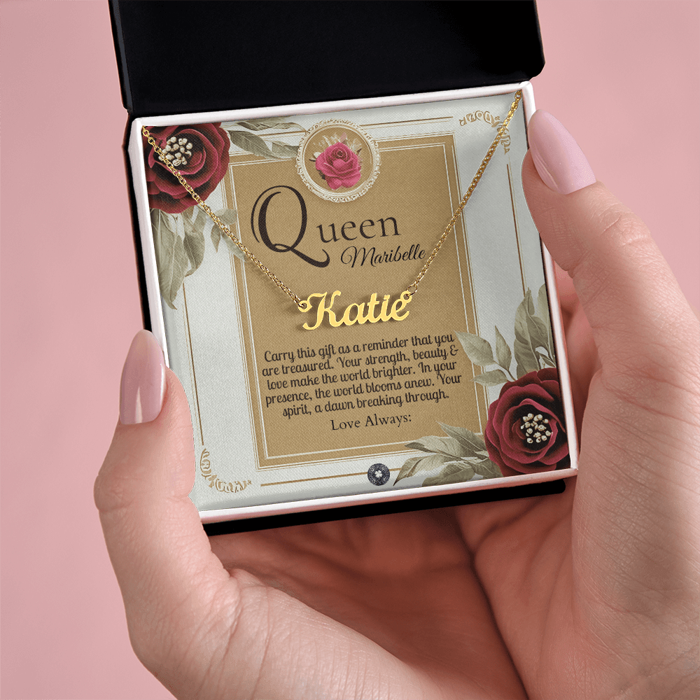 Horizontal Name Necklace: Queen Jewelry 18k Yellow Gold Two Tone Box The Silver Clover & Co.