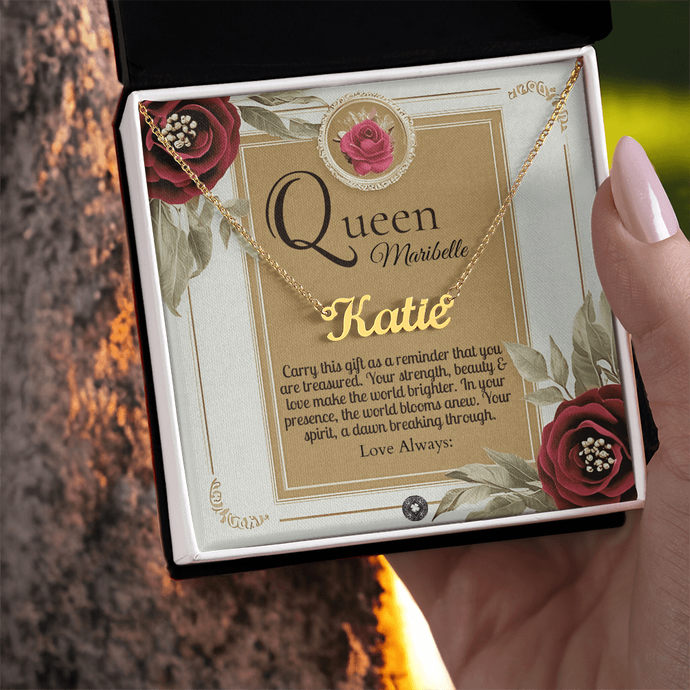 Horizontal Name Necklace: Queen Jewelry 18k Yellow Gold Two Tone Box The Silver Clover & Co.