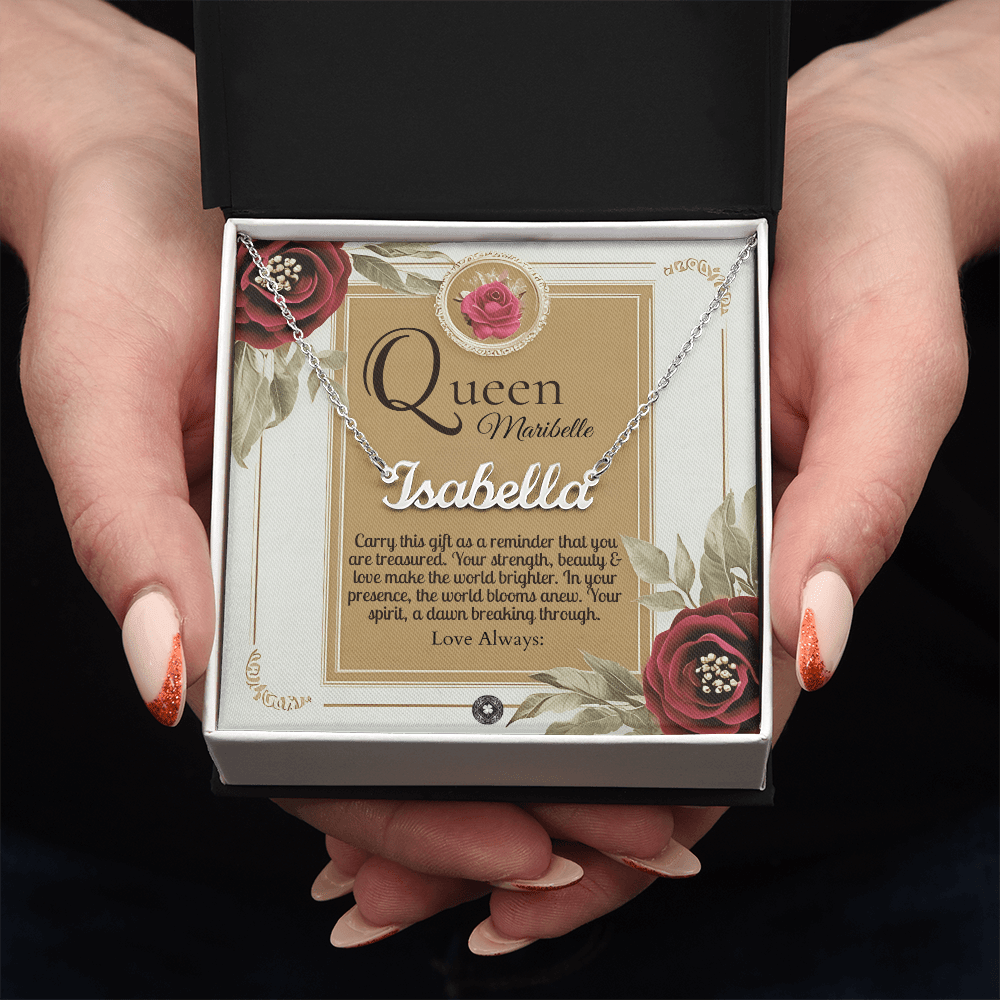 Horizontal Name Necklace: Queen Jewelry 18k Yellow Gold Two Tone Box The Silver Clover & Co.