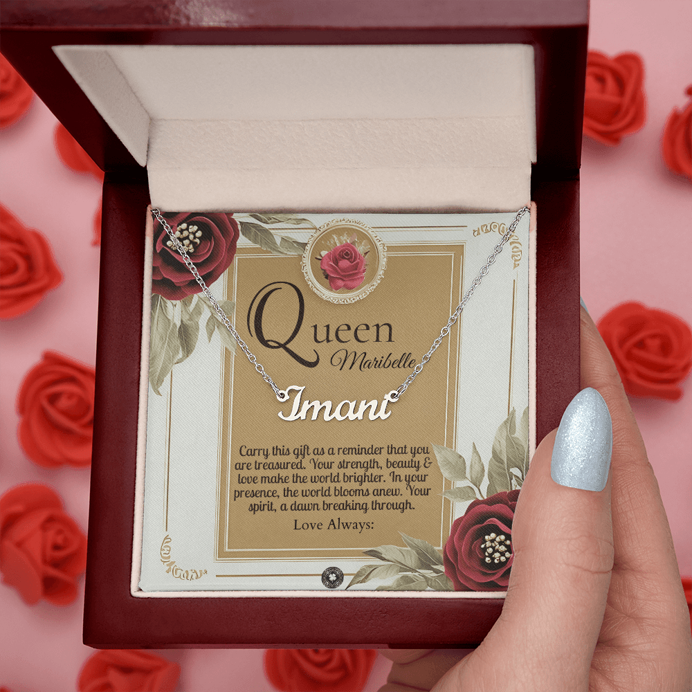 Horizontal Name Necklace: Queen Jewelry 18k Yellow Gold Two Tone Box The Silver Clover & Co.