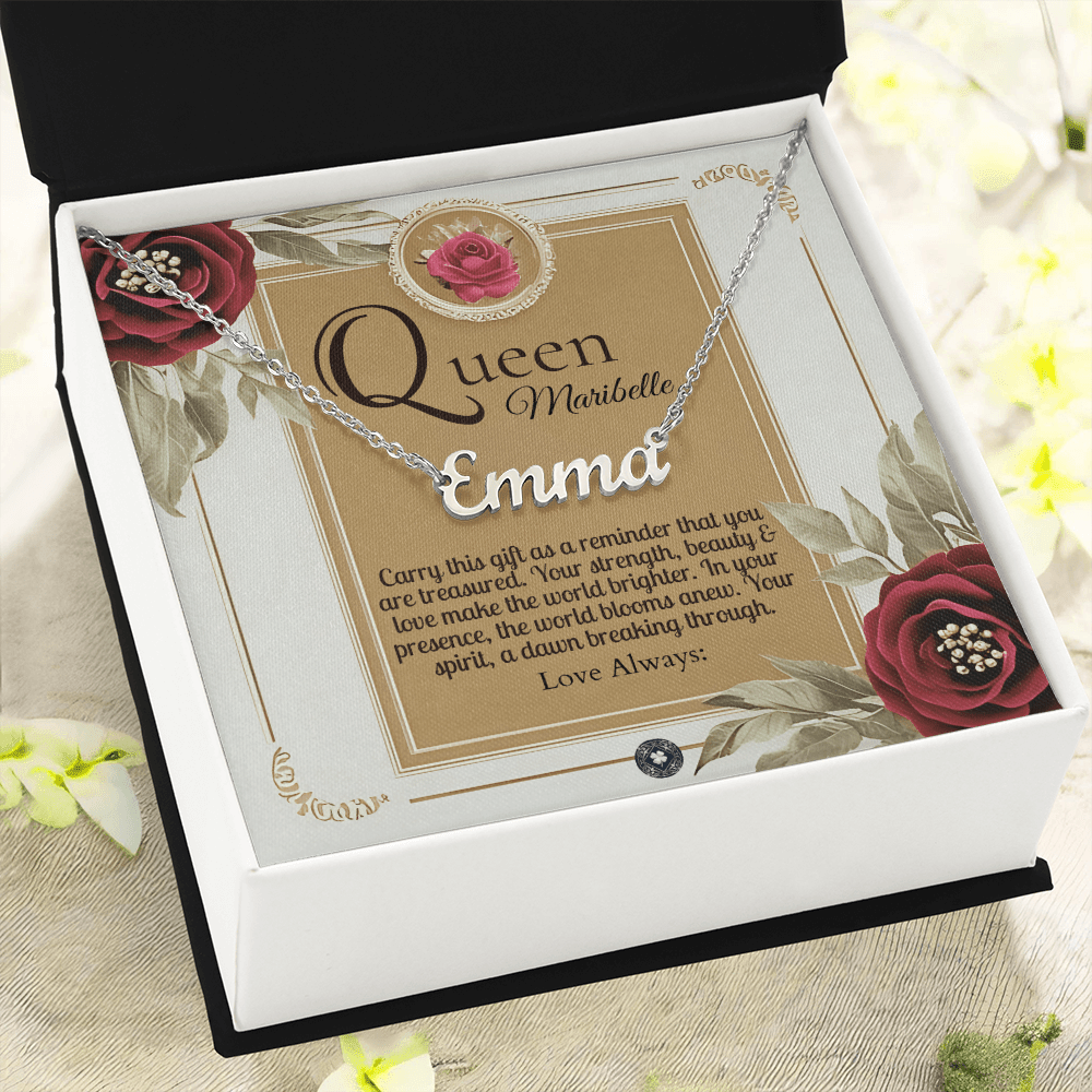 Horizontal Name Necklace: Queen Jewelry Polished Stainless Steel Two Tone Box The Silver Clover & Co.