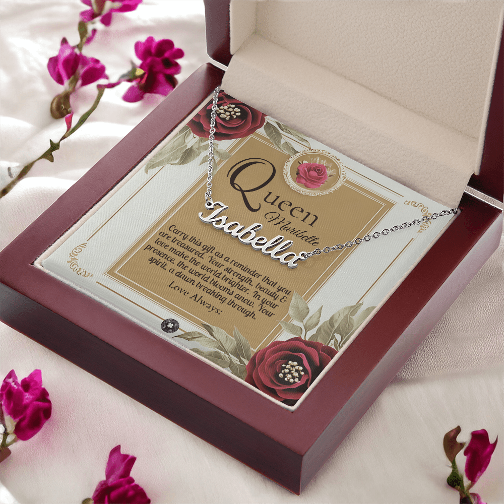 Horizontal Name Necklace: Queen Jewelry Polished Stainless Steel Mahogany Style Luxury Box with LED The Silver Clover & Co.