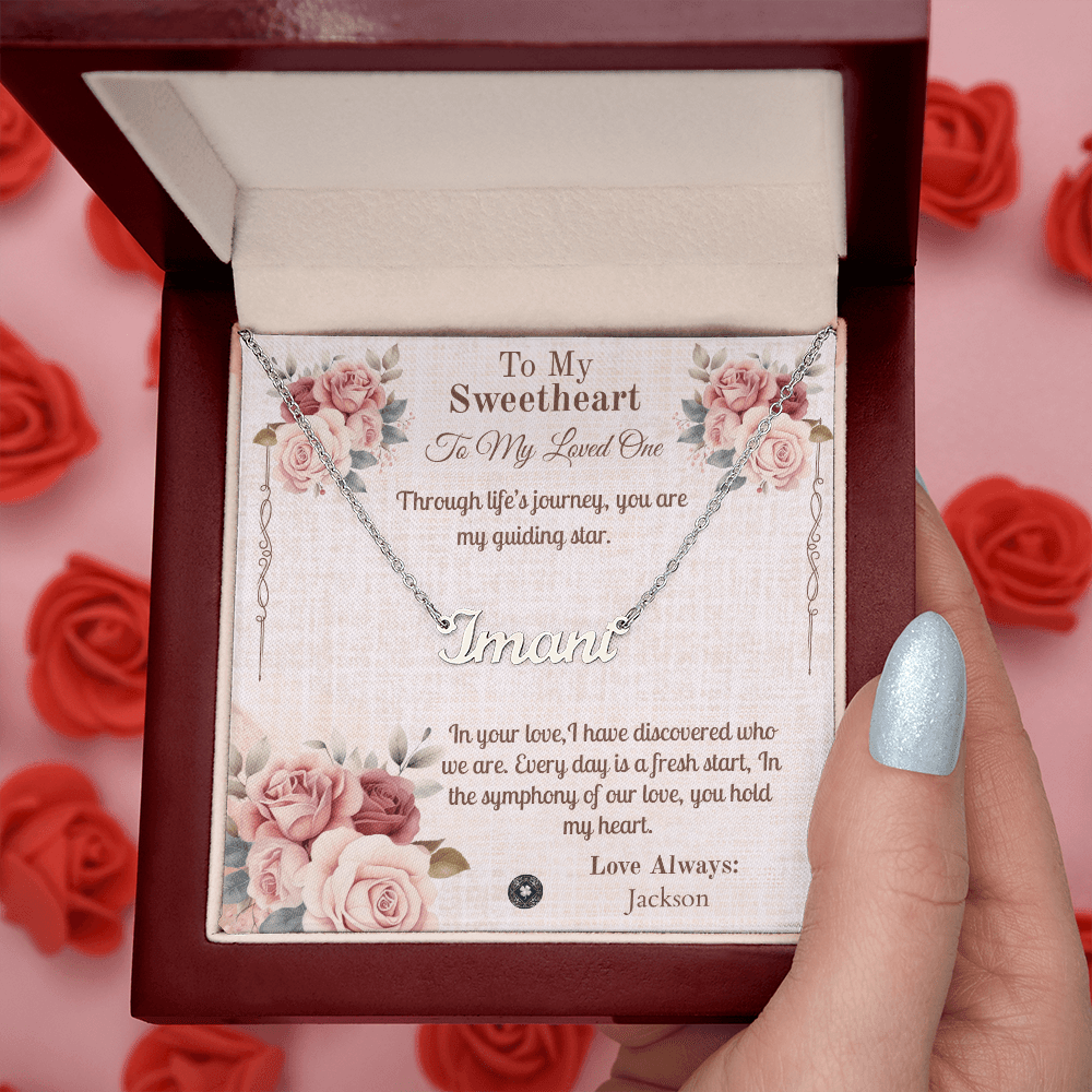 Horizontal Name Necklace: Sweetheart Jewelry Polished Stainless Steel Mahogany Style Luxury Box with LED The Silver Clover & Co.