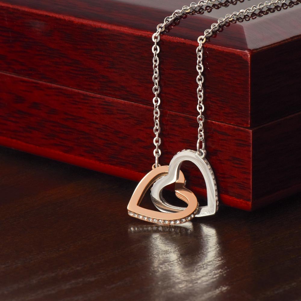 Interlocking Hearts Necklace Jewelry 14k White & Rose Gold Mahogany Style Luxury Box with LED The Silver Clover & Co.
