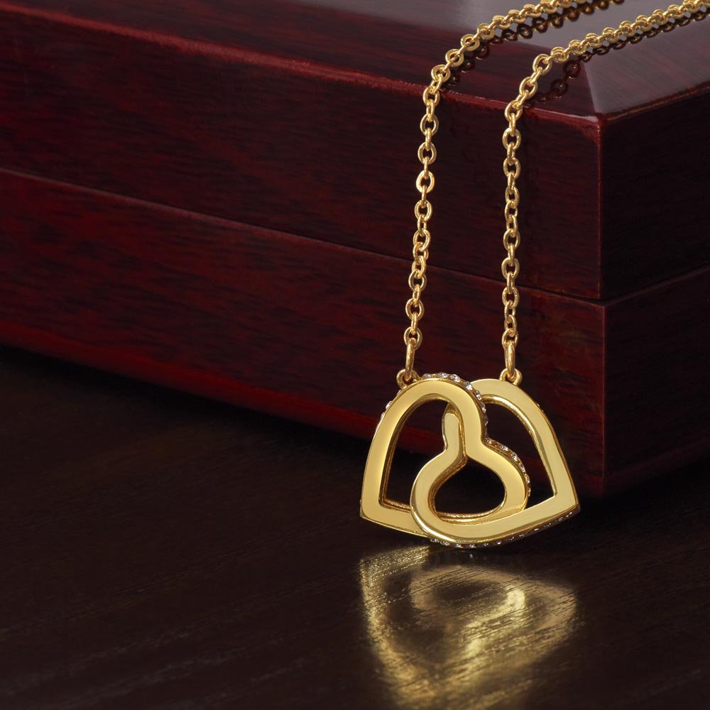 Interlocking Hearts Necklace Jewelry 18k Yellow Gold Finish Mahogany Style Luxury Box with LED The Silver Clover & Co.