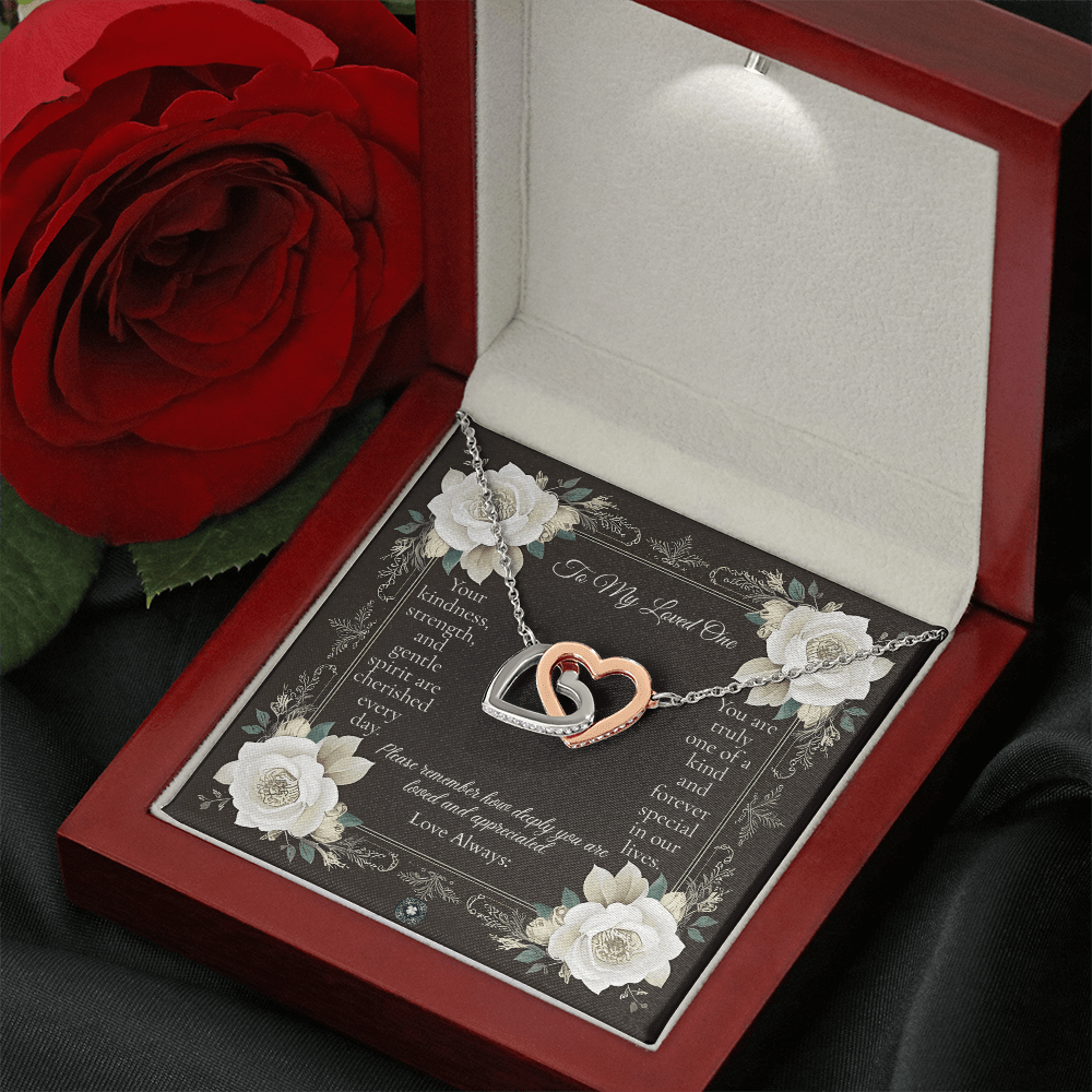 Interlocking Hearts Necklace: Angel Jewelry 14k White & Rose Gold Mahogany Style Luxury Box with LED The Silver Clover & Co.