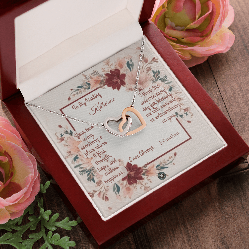 Interlocking Hearts Necklace: Darling Jewelry 14k White & Rose Gold Mahogany Style Luxury Box with LED The Silver Clover & Co.