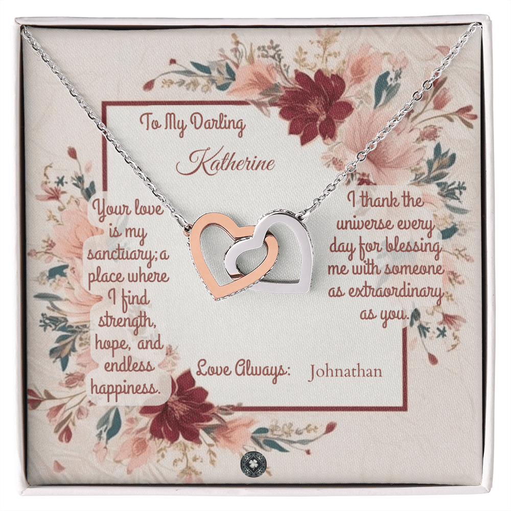 Interlocking Hearts Necklace: Darling Jewelry 14k White & Rose Gold Two Tone Box The Silver Clover & Co.