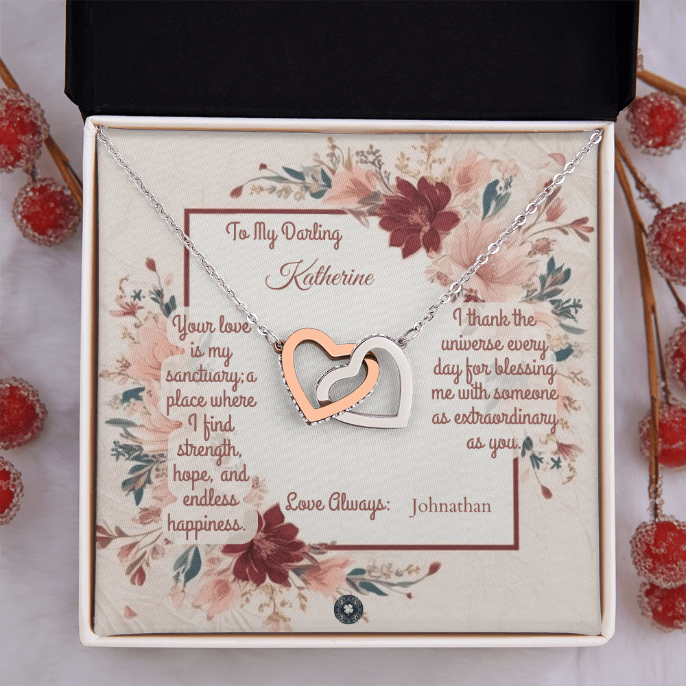 Interlocking Hearts Necklace: Darling Jewelry 18K Yellow Gold Two Tone Box The Silver Clover & Co.