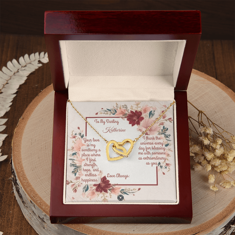 Interlocking Hearts Necklace: Darling Jewelry 18K Yellow Gold Mahogany Style Luxury Box with LED The Silver Clover & Co.