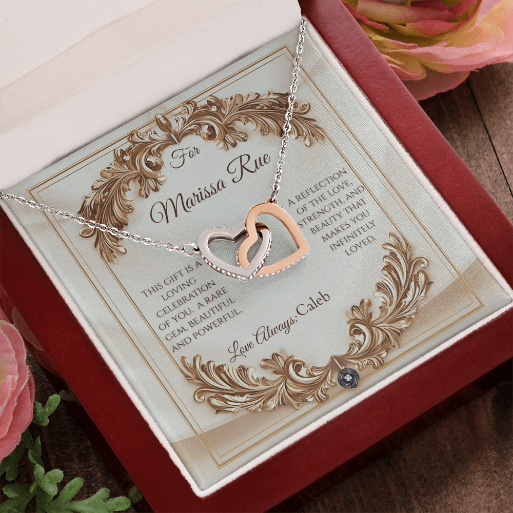 Interlocking Hearts Necklace: Elegance Jewelry 14k White & Rose Gold Mahogany Style Luxury Box with LED The Silver Clover & Co.