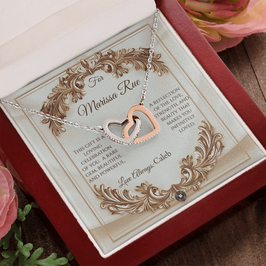 Interlocking Hearts Necklace: Elegance Jewelry 14k White & Rose Gold Mahogany Style Luxury Box with LED The Silver Clover & Co.