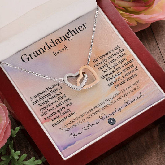 Interlocking Hearts Necklace: For Granddaughter Jewelry 14k White & Rose Gold Sunset Mahogany Style Luxury Box with LED The Silver Clover & Co.