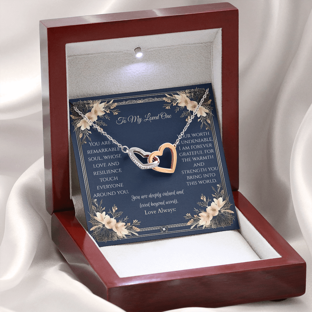 Interlocking Hearts Necklace: Princess Jewelry 14k White & Rose Gold Mahogany Style Luxury Box with LED The Silver Clover & Co.