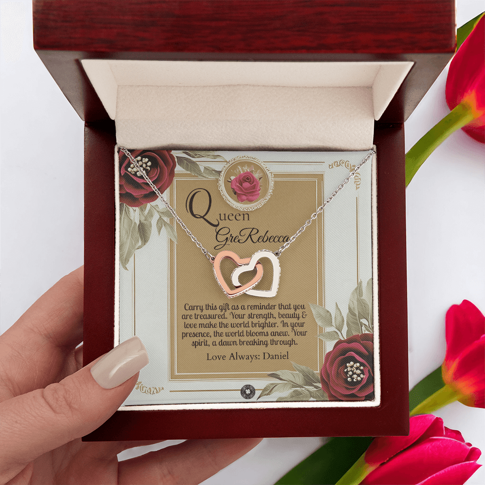 Interlocking Hearts Necklace: Queen Jewelry 14k White & Rose Gold Mahogany Style Luxury Box with LED The Silver Clover & Co.