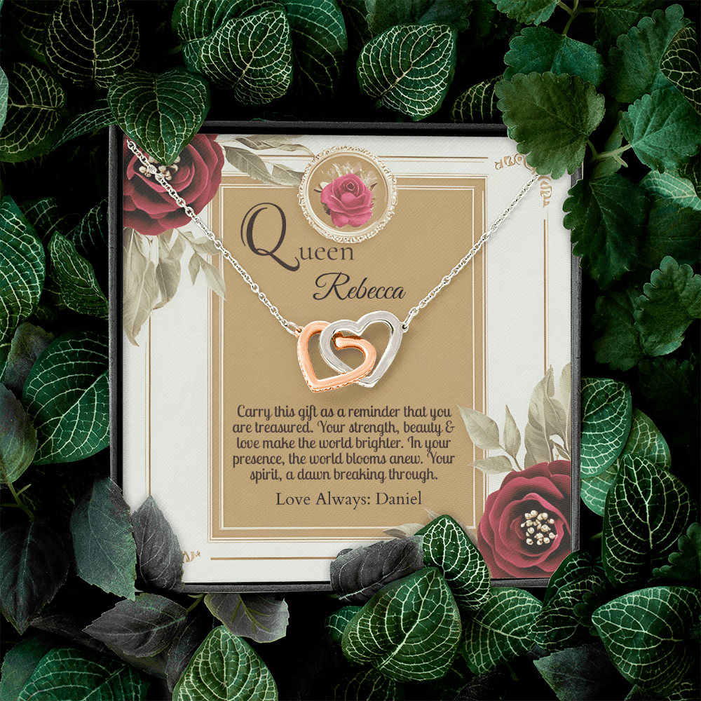 Interlocking Hearts Necklace: Queen Jewelry 14k White & Rose Gold Mahogany Style Luxury Box with LED The Silver Clover & Co.