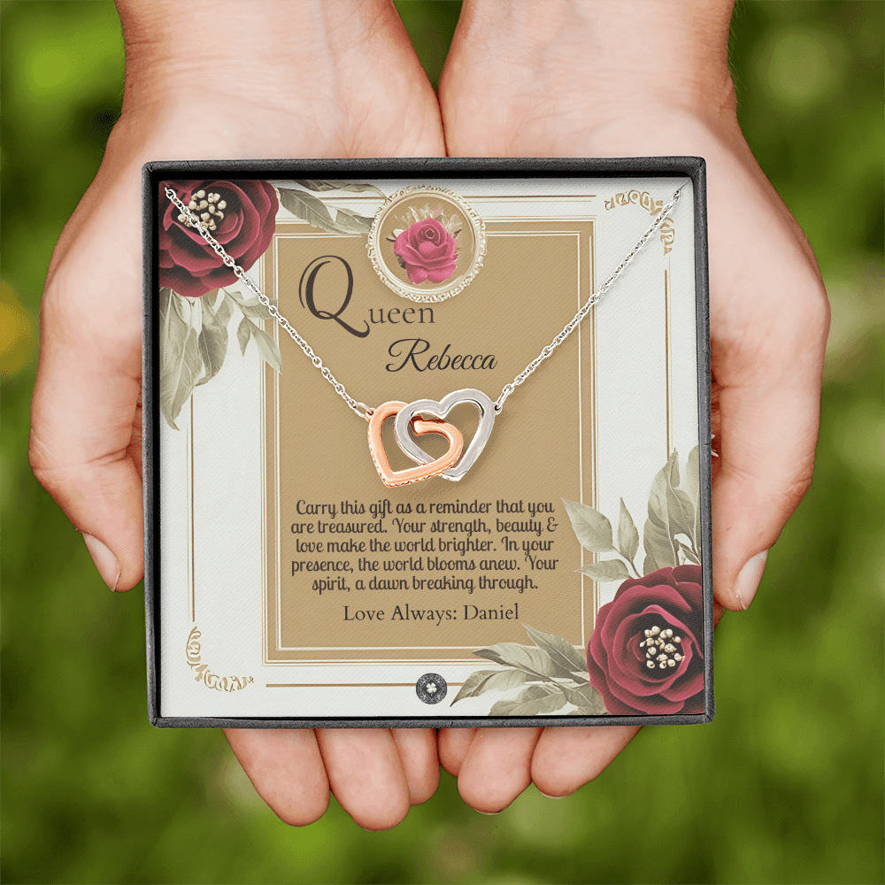 Interlocking Hearts Necklace: Queen Jewelry 18K Yellow Gold Two Tone Box The Silver Clover & Co.