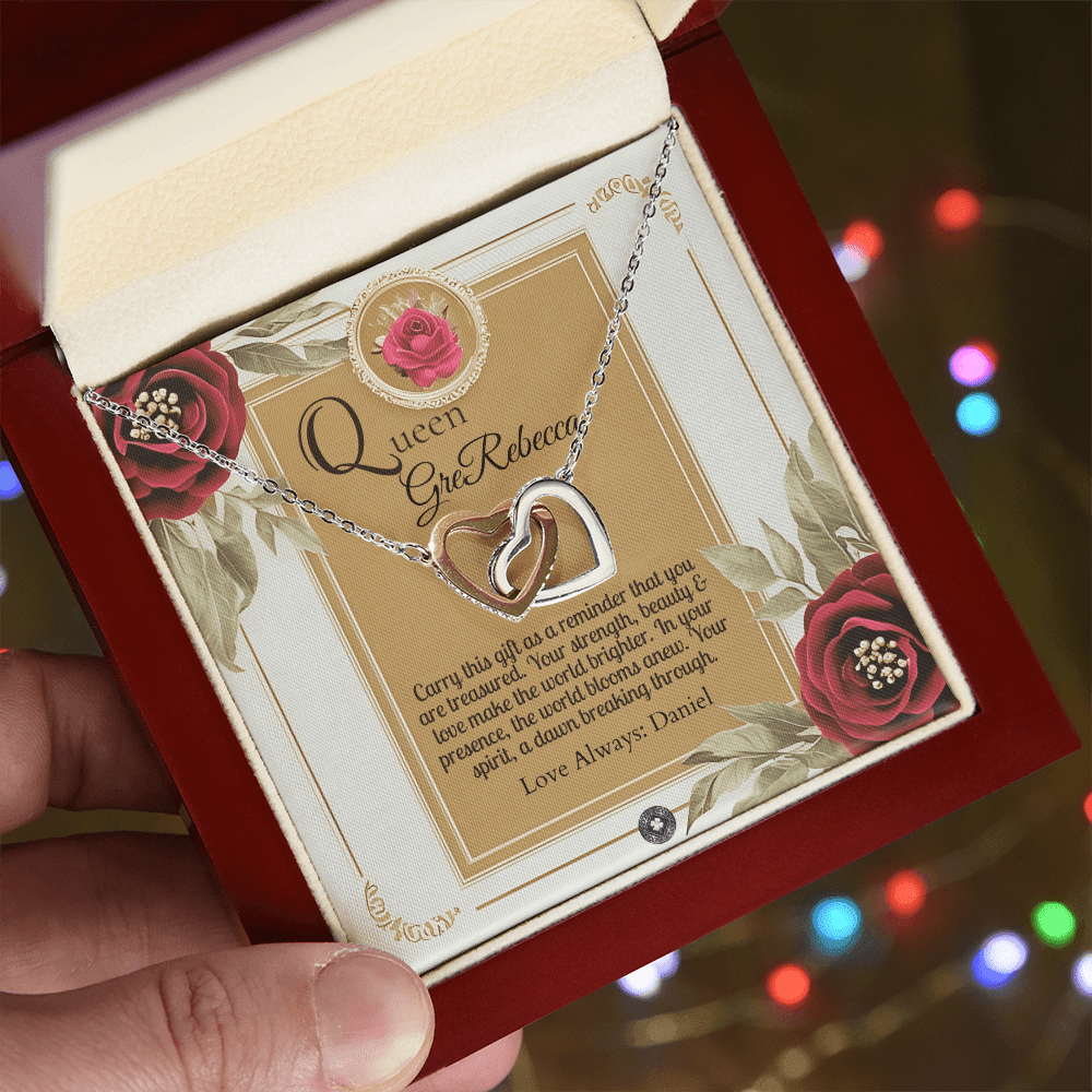 Interlocking Hearts Necklace: Queen Jewelry 18K Yellow Gold Two Tone Box The Silver Clover & Co.