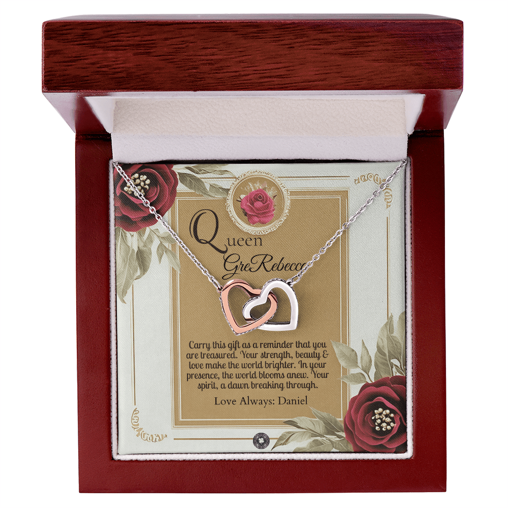 Interlocking Hearts Necklace: Queen Jewelry 18K Yellow Gold Two Tone Box The Silver Clover & Co.