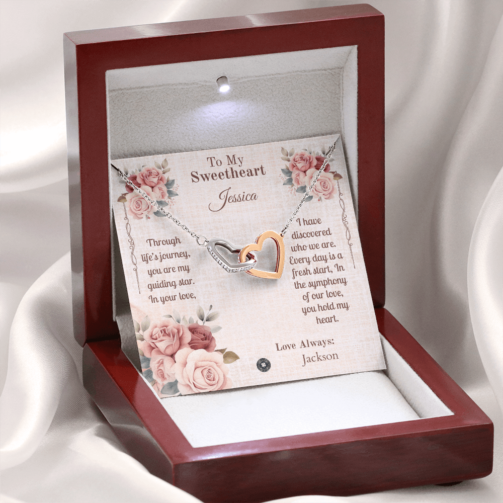 Interlocking Hearts Necklace: Sweetheart Jewelry 14k White & Rose Gold Mahogany Style Luxury Box with LED The Silver Clover & Co.