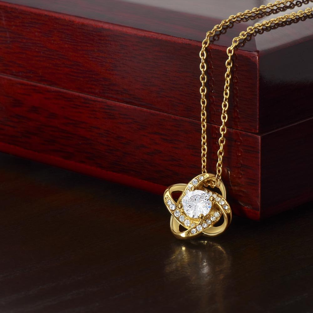 Love Knot Necklace Jewelry 18k Yellow Gold Finish Mahogany Style Luxury Box with LED The Silver Clover & Co.