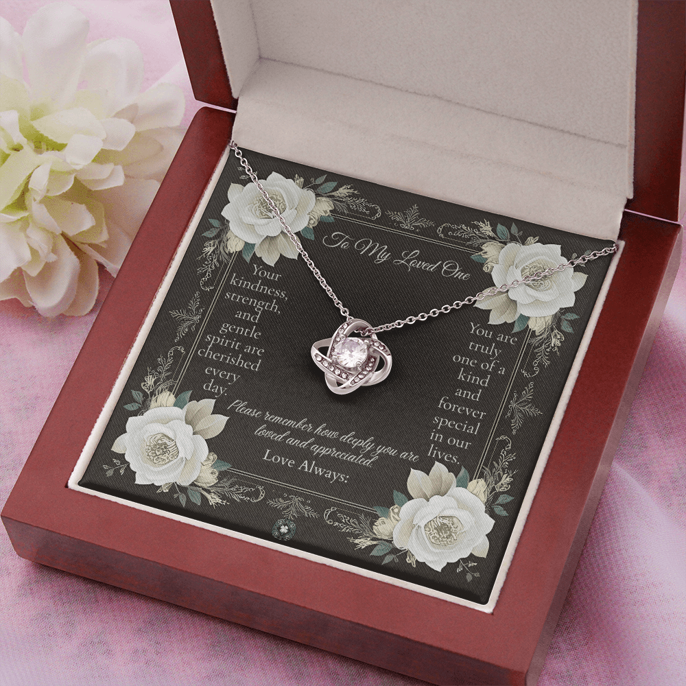 Love Knot Necklace: Angel Jewelry 14K White Gold Mahogany Style Luxury Box with LED The Silver Clover & Co.