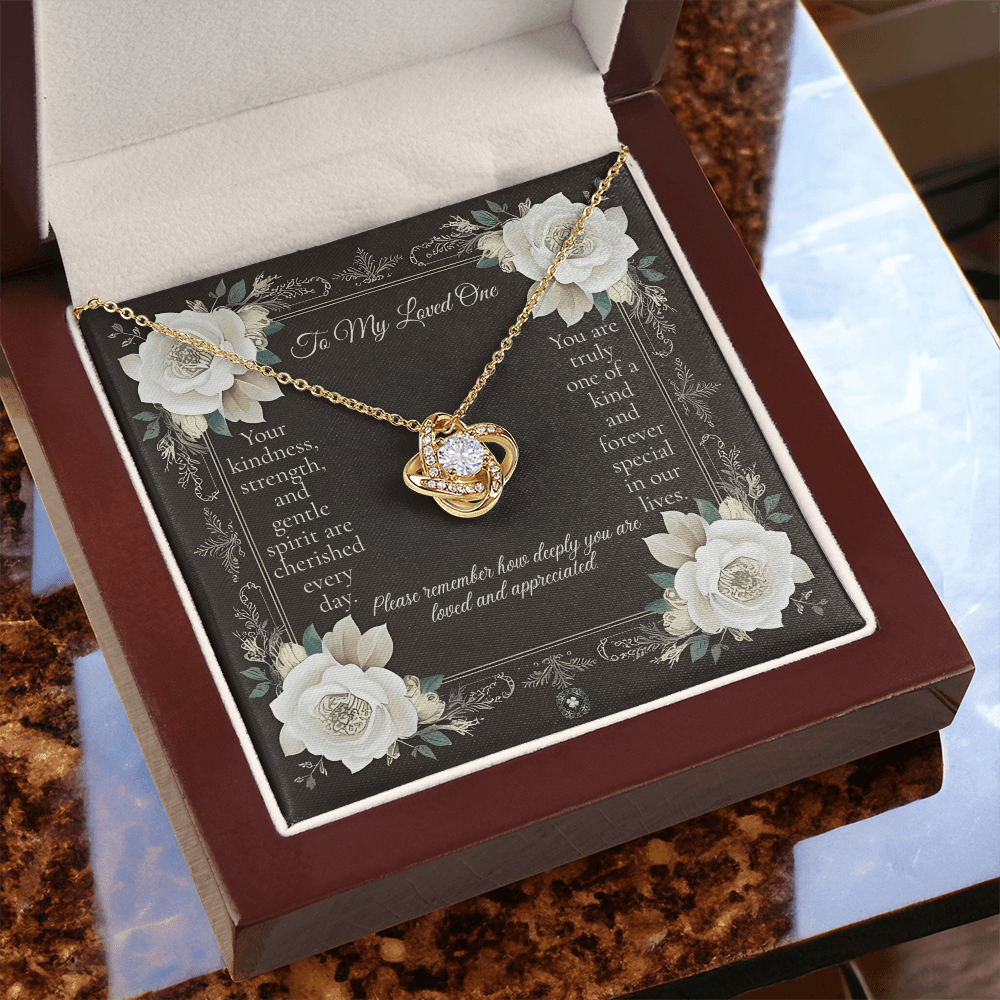 Love Knot Necklace: Angel Jewelry 18K Yellow Gold Mahogany Style Luxury Box with LED The Silver Clover & Co.