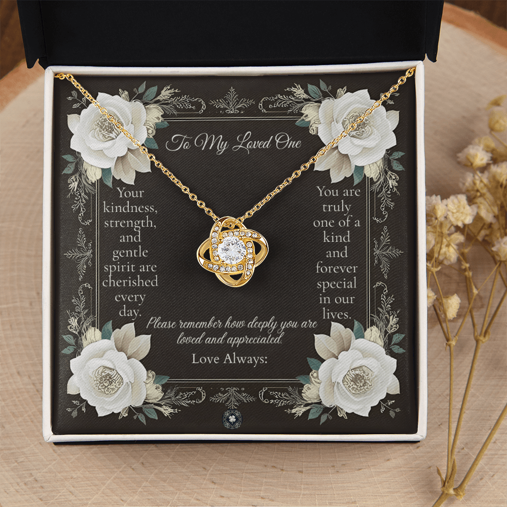 Love Knot Necklace: Angel Jewelry 18K Yellow Gold Two Tone Box The Silver Clover & Co.