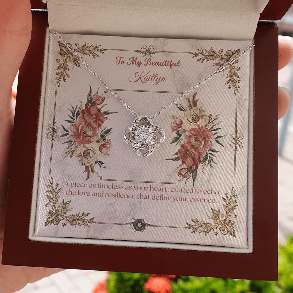 Love Knot Necklace: Beautiful Jewelry 18K Yellow Gold Mahogany Style Luxury Box with LED The Silver Clover & Co.