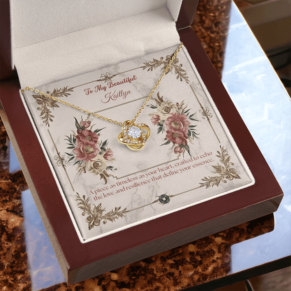 Love Knot Necklace: Beautiful Jewelry 18K Yellow Gold Mahogany Style Luxury Box with LED The Silver Clover & Co.